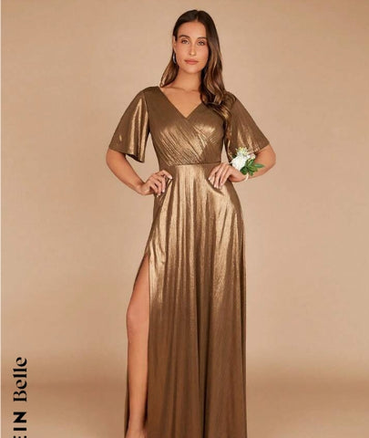 Belle Surplice Neck Split Thigh Metallic Dress