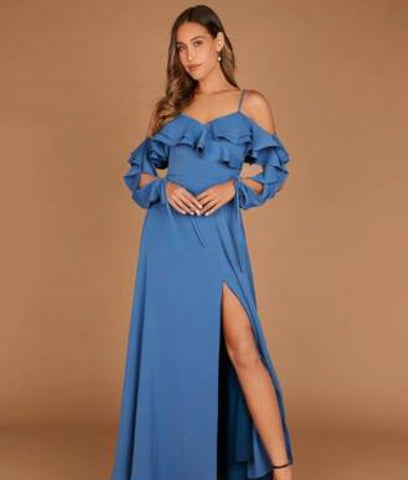 Cold Shoulder Ruffle Trim Split Thigh Bridesmaid Dress