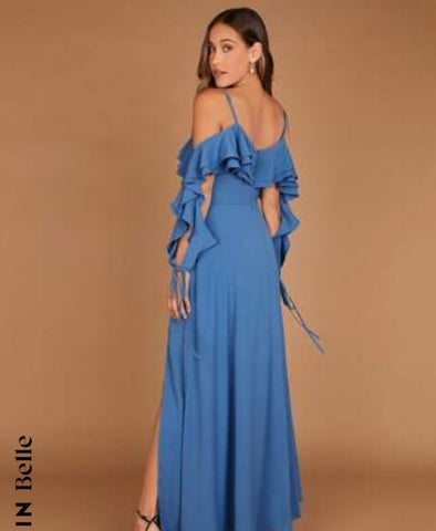 Cold Shoulder Ruffle Trim Split Thigh Bridesmaid Dress