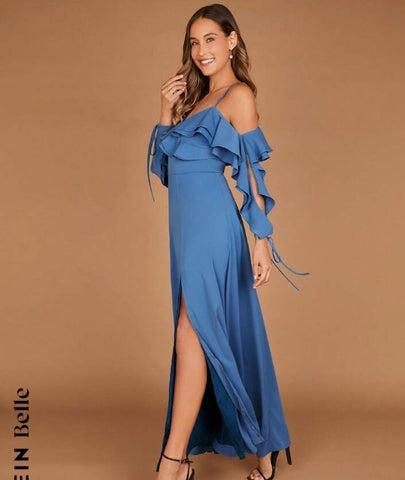 Cold Shoulder Ruffle Trim Split Thigh Bridesmaid Dress
