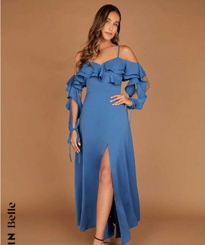 Cold Shoulder Ruffle Trim Split Thigh Bridesmaid Dress