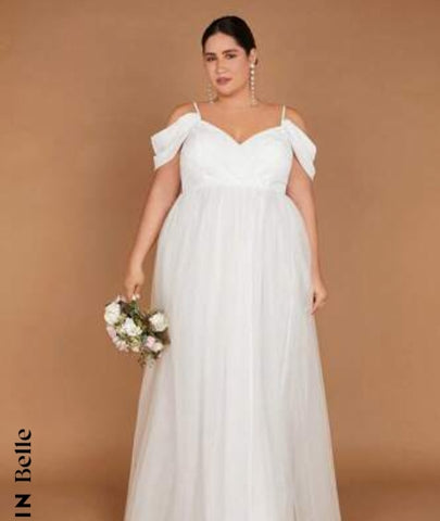 Belle Plus 1pc Cold Shoulder Mesh Wedding Dress