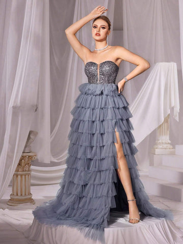 Sequin Contrast Mesh Tube Prom Dress