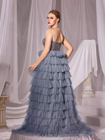 Sequin Contrast Mesh Tube Prom Dress