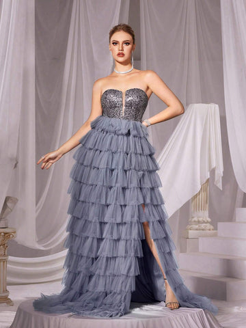 Sequin Contrast Mesh Tube Prom Dress