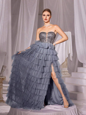 Sequin Contrast Mesh Tube Prom Dress