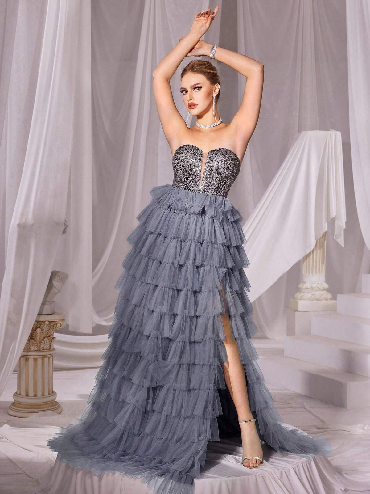 Sequin Contrast Mesh Tube Prom Dress