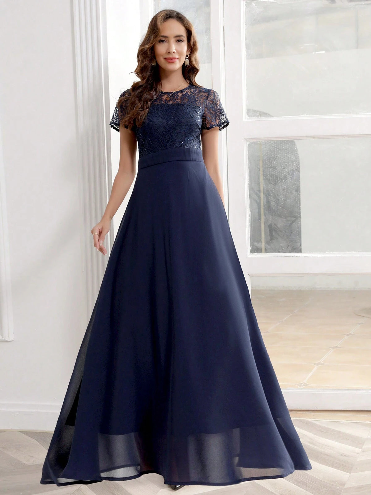 Sequin Lace Splicing Chiffon Long Dress With Round Neck For Cocktail And Party Events