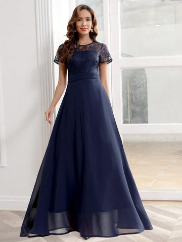 Sequin Lace Splicing Chiffon Long Dress With Round Neck For Cocktail And Party Events