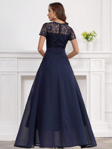 Sequin Lace Splicing Chiffon Long Dress With Round Neck For Cocktail And Party Events