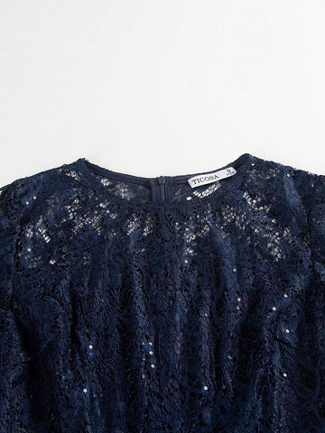 Sequin Lace Splicing Chiffon Long Dress With Round Neck For Cocktail And Party Events