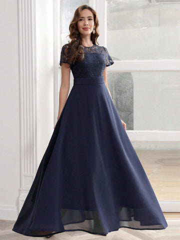 Sequin Lace Splicing Chiffon Long Dress With Round Neck For Cocktail And Party Events