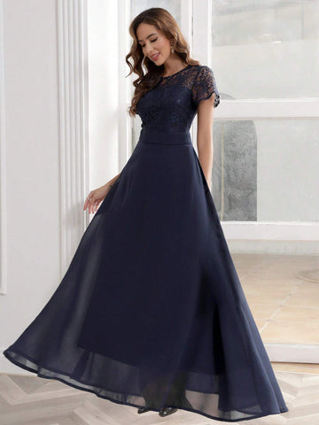 Sequin Lace Splicing Chiffon Long Dress With Round Neck For Cocktail And Party Events