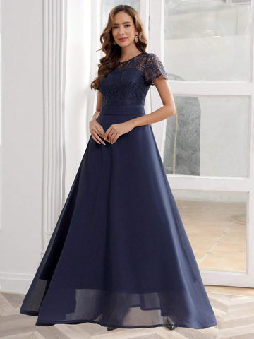 Sequin Lace Splicing Chiffon Long Dress With Round Neck For Cocktail And Party Events