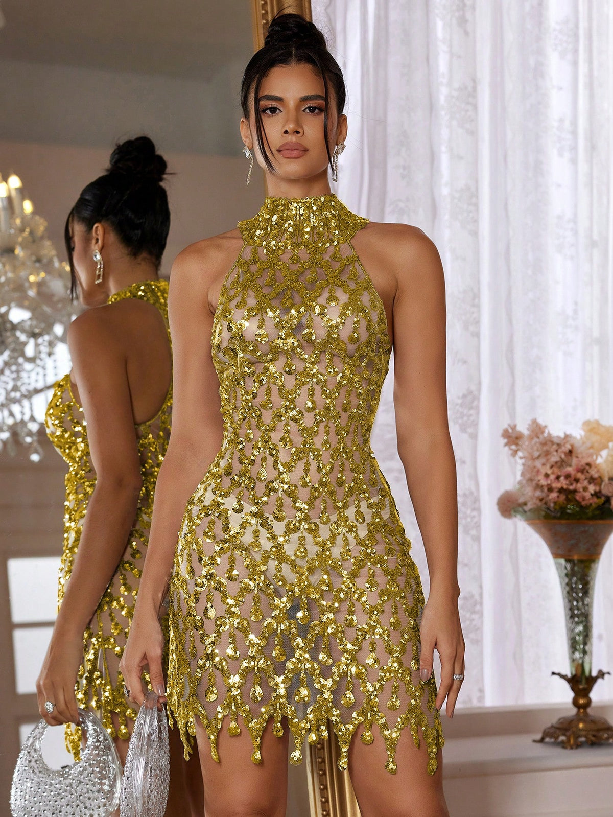 Sequin Mesh Elastic Fitted Halter Evening Gown