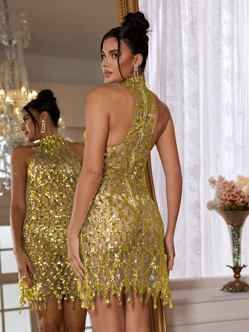 Sequin Mesh Elastic Fitted Halter Evening Gown