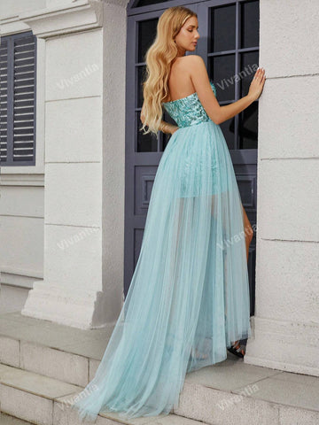Sequin Mesh Splice Floor-Length Bodycon Formal Dress