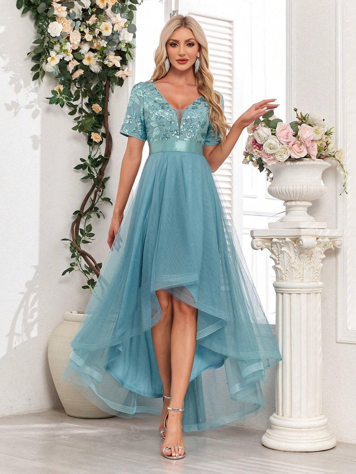 Sequin Patchwork Mesh Solid Color Women's Party Dress With High-Low Hem (Heavy Version)