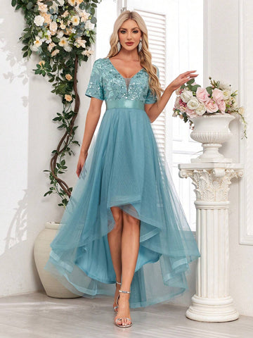 Sequin Patchwork Mesh Solid Color Women's Party Dress With High-Low Hem (Heavy Version)