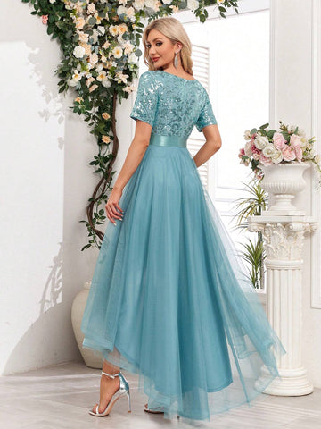 Sequin Patchwork Mesh Solid Color Women's Party Dress With High-Low Hem (Heavy Version)