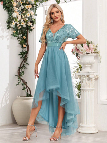 Sequin Patchwork Mesh Solid Color Women's Party Dress With High-Low Hem (Heavy Version)