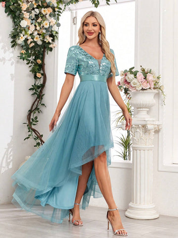 Sequin Patchwork Mesh Solid Color Women's Party Dress With High-Low Hem (Heavy Version)