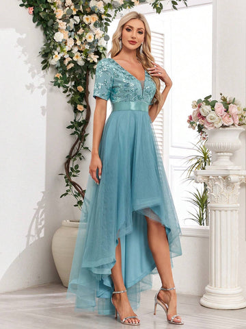 Sequin Patchwork Mesh Solid Color Women's Party Dress With High-Low Hem (Heavy Version)