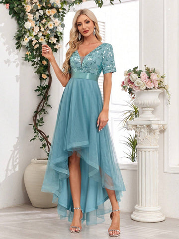 Sequin Patchwork Mesh Solid Color Women's Party Dress With High-Low Hem (Heavy Version)