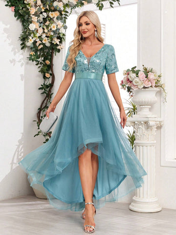 Sequin Patchwork Mesh Solid Color Women's Party Dress With High-Low Hem (Heavy Version)