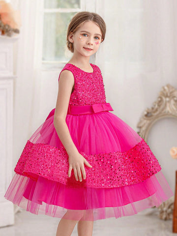 Sequin Patchwork Puffy Tulle Princess Dress For Young Girls, Suitable For Birthday Party, Dance, Wedding, Flower Girl, Piano Performance, Daily Wear Etc.