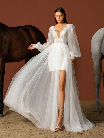 Sequin Patchwork Sheer Lantern Sleeve High-Slit Wedding Dress