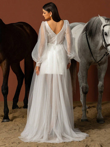 Sequin Patchwork Sheer Lantern Sleeve High-Slit Wedding Dress