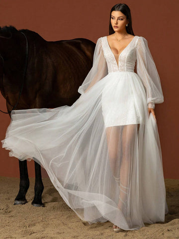 Sequin Patchwork Sheer Lantern Sleeve High-Slit Wedding Dress