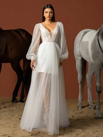 Sequin Patchwork Sheer Lantern Sleeve High-Slit Wedding Dress