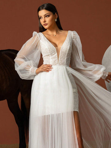 Sequin Patchwork Sheer Lantern Sleeve High-Slit Wedding Dress