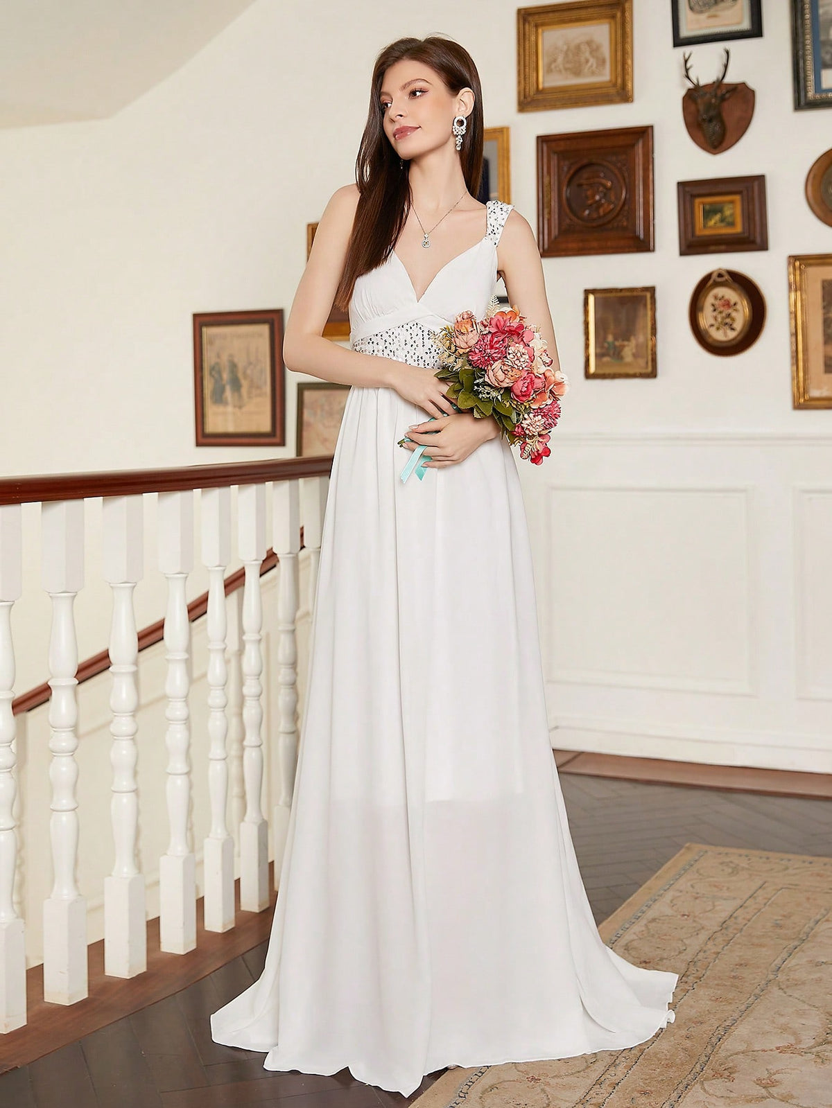 Sequin Patchwork Strap V-Neck Wedding Dress