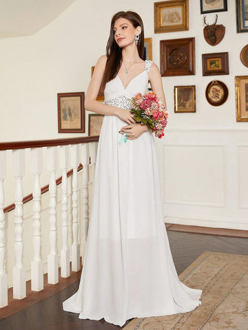 Sequin Patchwork Strap V-Neck Wedding Dress