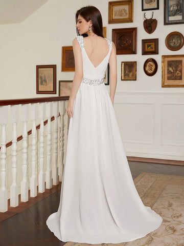 Sequin Patchwork Strap V-Neck Wedding Dress