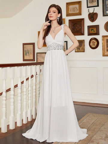 Sequin Patchwork Strap V-Neck Wedding Dress