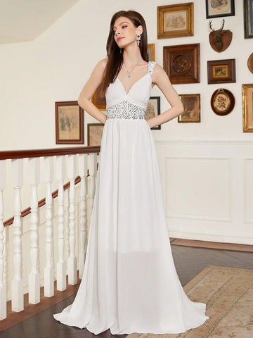 Sequin Patchwork Strap V-Neck Wedding Dress