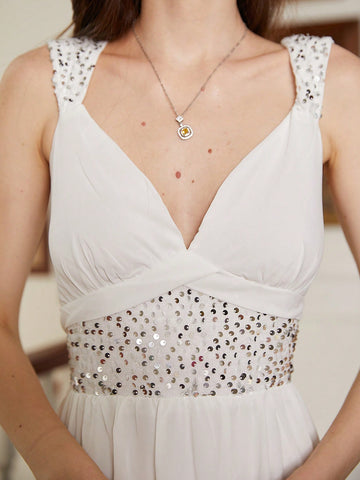 Sequin Patchwork Strap V-Neck Wedding Dress