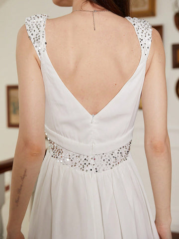 Sequin Patchwork Strap V-Neck Wedding Dress