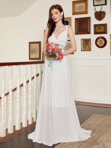Sequin Patchwork Strap V-Neck Wedding Dress
