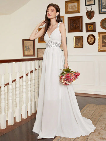 Sequin Patchwork Strap V-Neck Wedding Dress