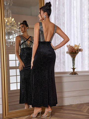 Sequin Patchwork V-Neck Design Sleeveless Sexy Backless Party Dress