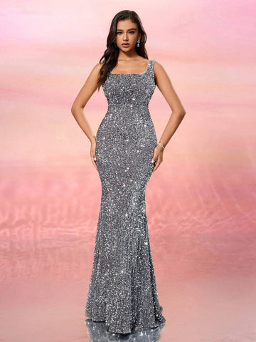 Sequin Square Neckline Bodycon Party Dress, Sexy Backless Evening Gown