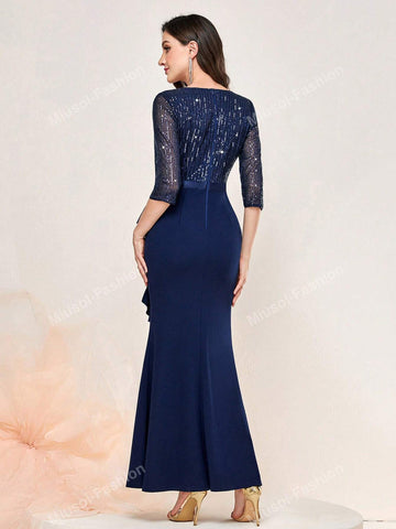 Sequin V Neck Ruffle Trim Split Thigh Mermaid Hem Formal Party Maxi Dress