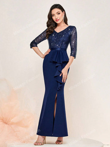 Sequin V Neck Ruffle Trim Split Thigh Mermaid Hem Formal Party Maxi Dress