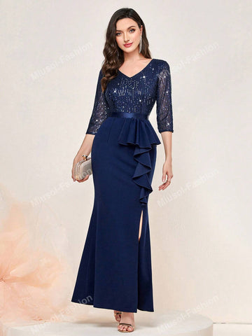 Sequin V Neck Ruffle Trim Split Thigh Mermaid Hem Formal Party Maxi Dress