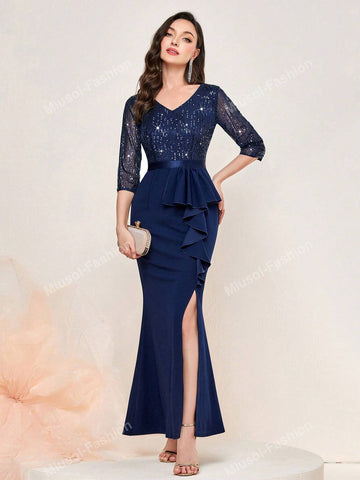 Sequin V Neck Ruffle Trim Split Thigh Mermaid Hem Formal Party Maxi Dress